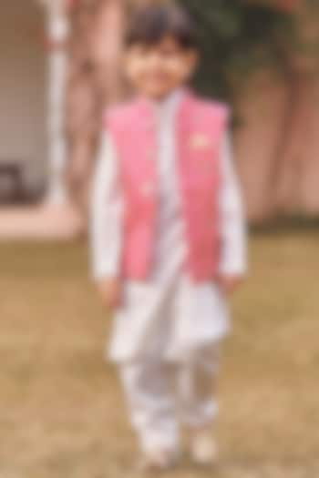 Hot Pink Silk Thread Embroidered Nehru Jacket Set For Boys by Lashkaraa Kids at Pernia's Pop Up Shop