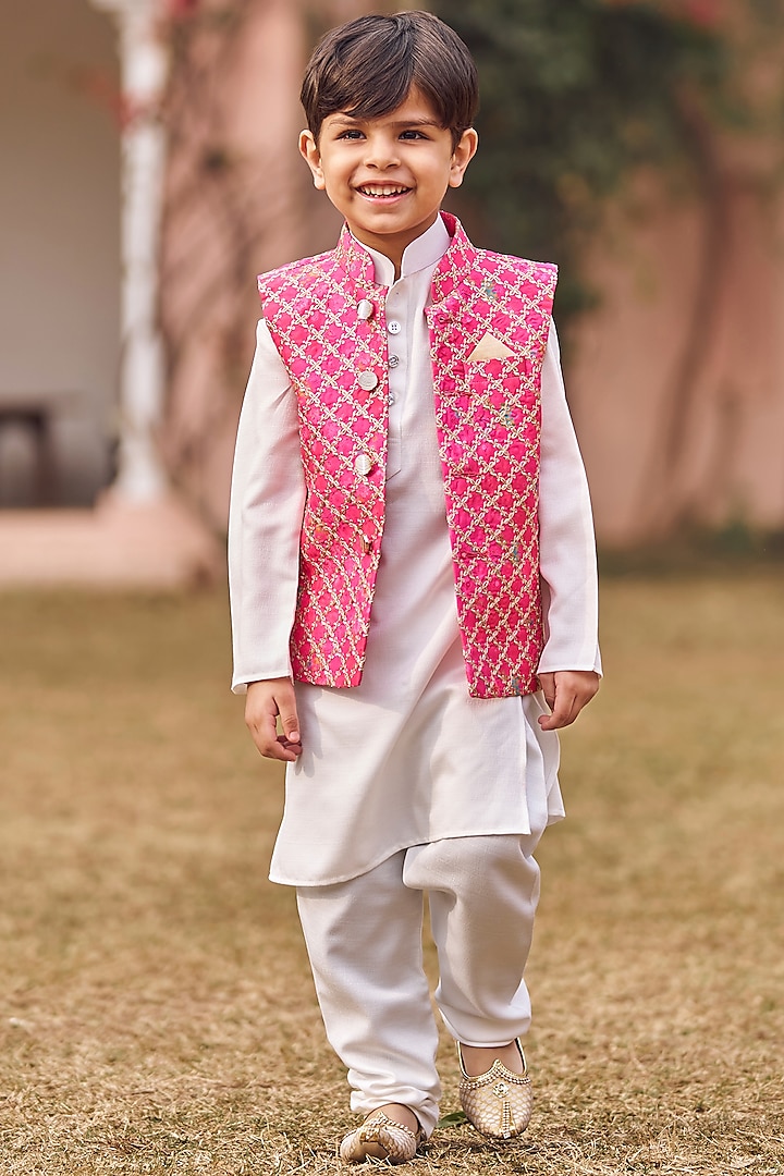 Hot Pink Silk Thread Embroidered Nehru Jacket Set For Boys by Lashkaraa Kids at Pernia's Pop Up Shop