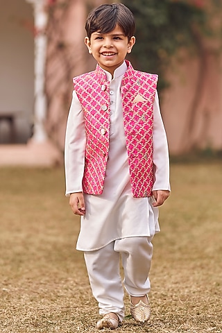 Hot Pink Silk Thread Embroidered Nehru Jacket Set For Boys by Lashkaraa Kids