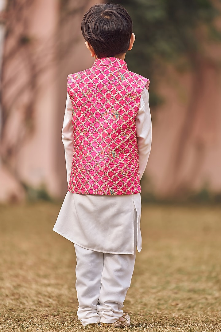 Hot Pink Silk Thread Embroidered Nehru Jacket Set For Boys by Lashkaraa Kids at Pernia's Pop Up Shop