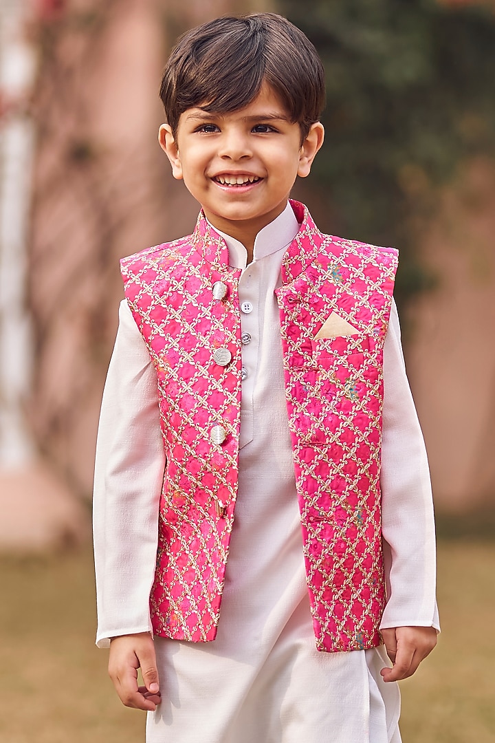 Hot Pink Silk Thread Embroidered Nehru Jacket Set For Boys by Lashkaraa Kids at Pernia's Pop Up Shop