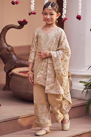 Gold Soft Silk Thread & Stone Embroidered Kurta Set For Girls by Lashkaraa Kids