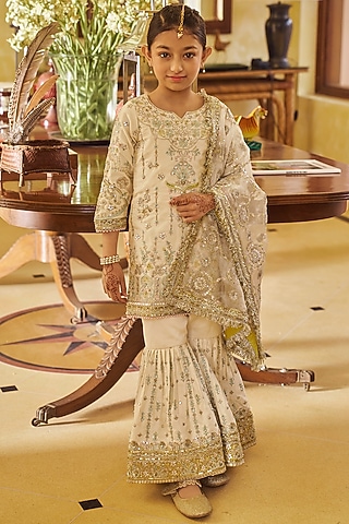 Cream Silk Zari & Sequins Embroidered Gharara Set For Girls by Lashkaraa Kids