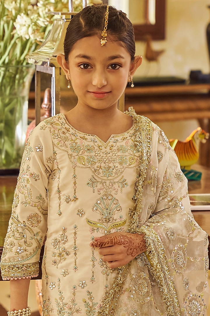 Cream Silk Zari & Sequins Embroidered Gharara Set For Girls by Lashkaraa Kids at Pernia's Pop Up Shop
