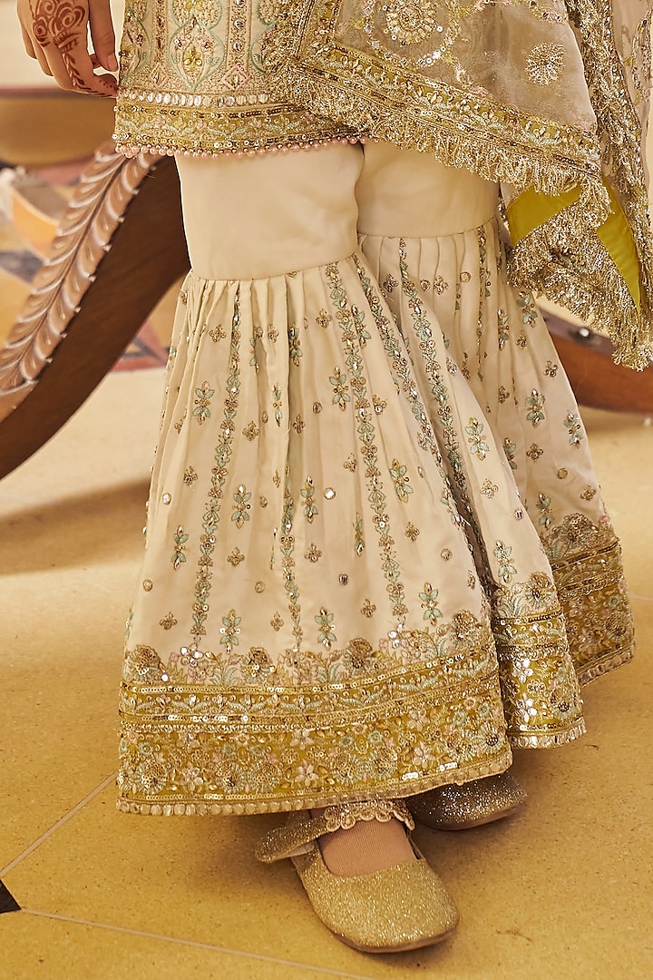 Cream Silk Zari & Sequins Embroidered Gharara Set For Girls by Lashkaraa Kids at Pernia's Pop Up Shop