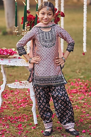 Black Silk Zari & Stone Embroidered Kurta Set For Girls by Lashkaraa Kids