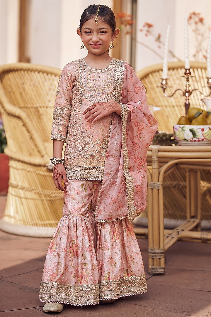 Peach Satin Zari & Stone Embroidered Gharara Set For Girls by Lashkaraa Kids at Pernia's Pop Up Shop