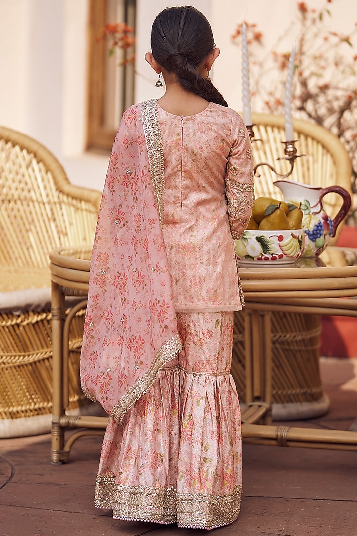 Peach Satin Zari & Stone Embroidered Gharara Set For Girls by Lashkaraa Kids at Pernia's Pop Up Shop