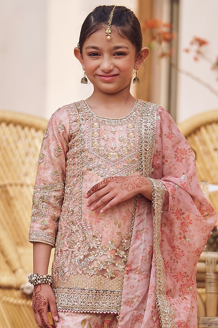 Peach Satin Zari & Stone Embroidered Gharara Set For Girls by Lashkaraa Kids at Pernia's Pop Up Shop