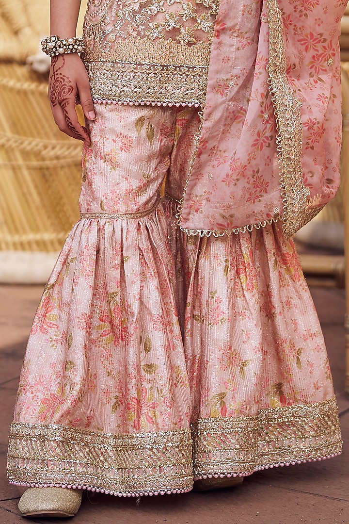Peach Satin Zari & Stone Embroidered Gharara Set For Girls by Lashkaraa Kids at Pernia's Pop Up Shop