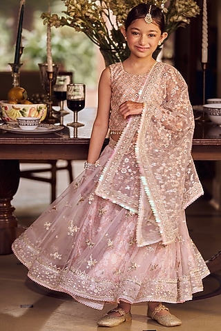 Blush Pink Net Zari & Stone Embroidered Lehenga Set For Girls by Lashkaraa Kids