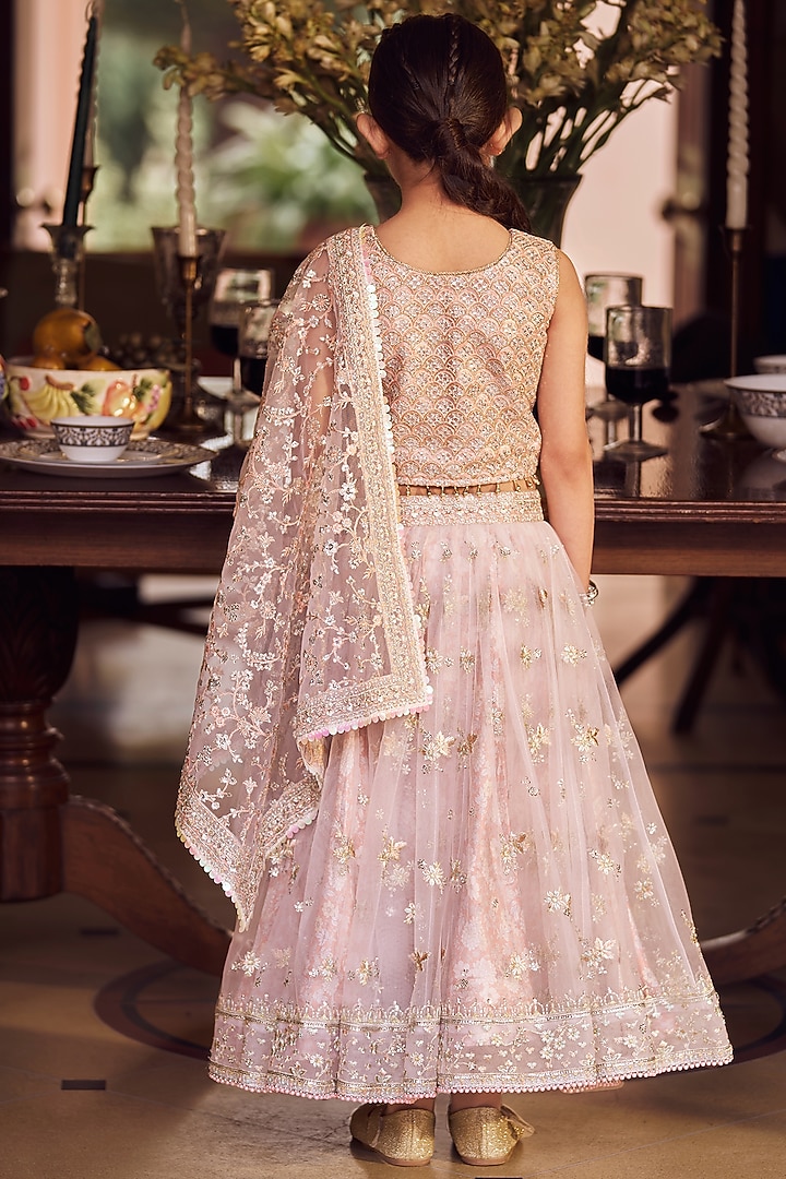 Blush Pink Net Zari & Stone Embroidered Lehenga Set For Girls by Lashkaraa Kids at Pernia's Pop Up Shop