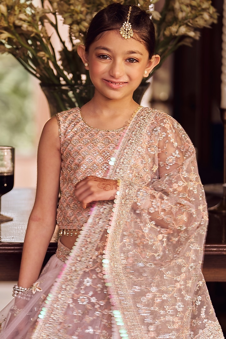 Blush Pink Net Zari & Stone Embroidered Lehenga Set For Girls by Lashkaraa Kids at Pernia's Pop Up Shop