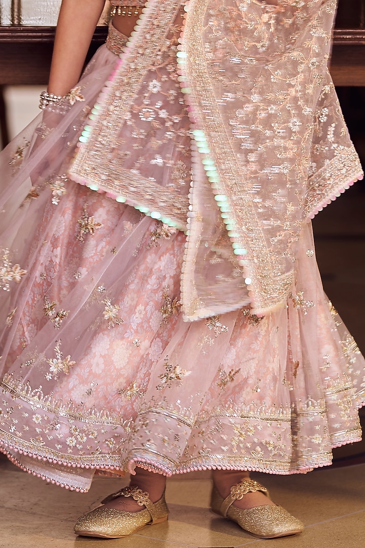 Blush Pink Net Zari & Stone Embroidered Lehenga Set For Girls by Lashkaraa Kids at Pernia's Pop Up Shop