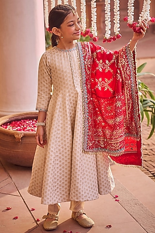 Off White Brocade Zari & Stone Anarkali Set For Girls by Lashkaraa Kids