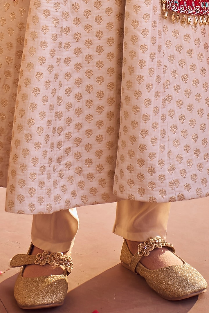 Off White Brocade Zari & Stone Anarkali Set For Girls by Lashkaraa Kids at Pernia's Pop Up Shop