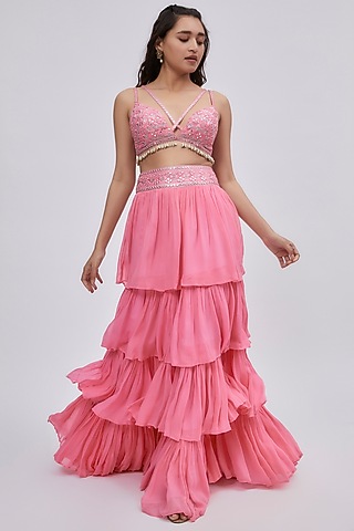 Pink Georgette Layered Lehenga Set by Lavina Sippy