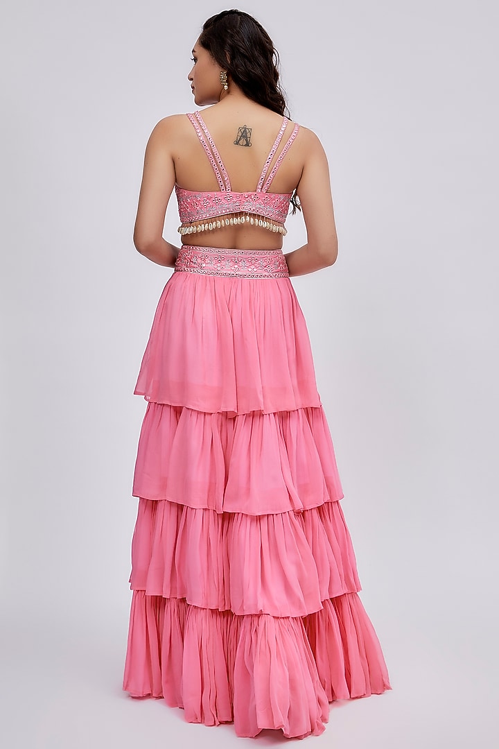 Pink Georgette Layered Wedding Lehenga Set by Lavina Sippy at Pernia's Pop Up Shop