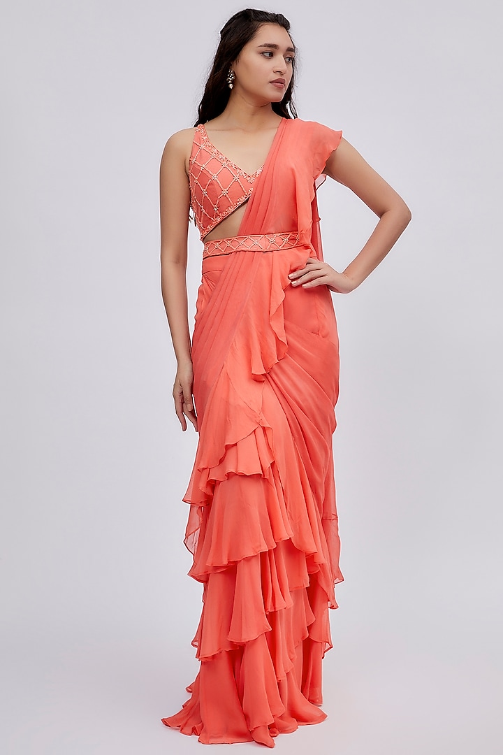 Coral Georgette Ruffled Saree Set by Lavina Sippy