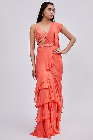 Coral Georgette Ruffled Saree Set by Lavina Sippy