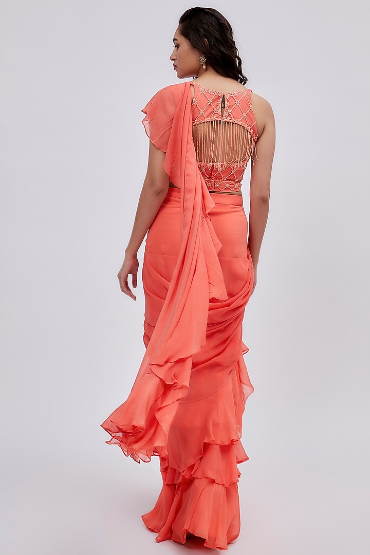 Coral Georgette Ruffled Wedding Saree Set by Lavina Sippy at Pernia's Pop Up Shop