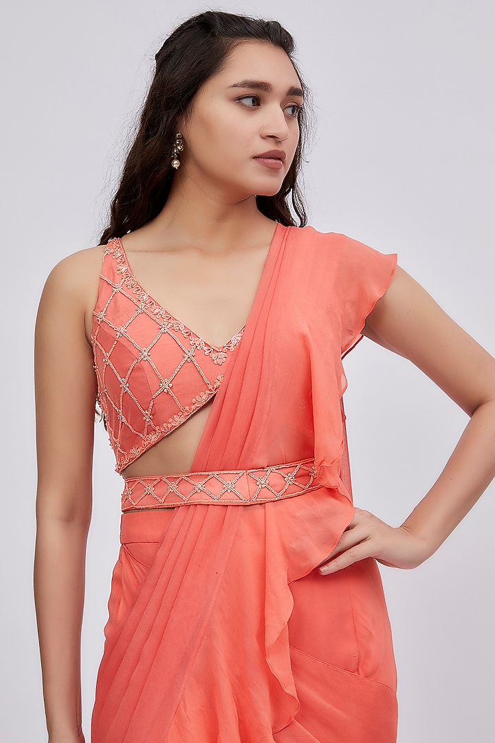 Coral Georgette Ruffled Wedding Saree Set by Lavina Sippy at Pernia's Pop Up Shop