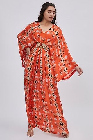 Orange Crepe Printed Kaftan by Lavina Sippy