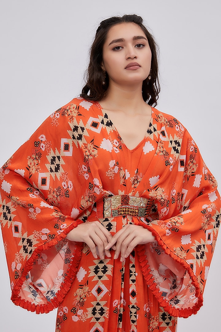 Orange Crepe Printed Kaftan by Lavina Sippy at Pernia's Pop Up Shop