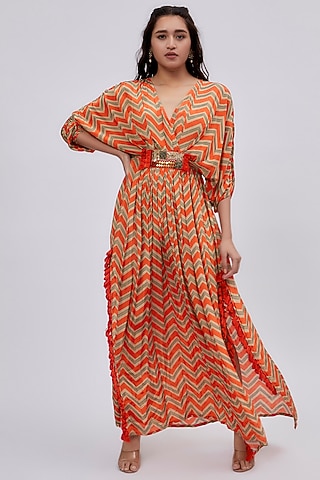Orange Crepe Printed Kaftan by Lavina Sippy