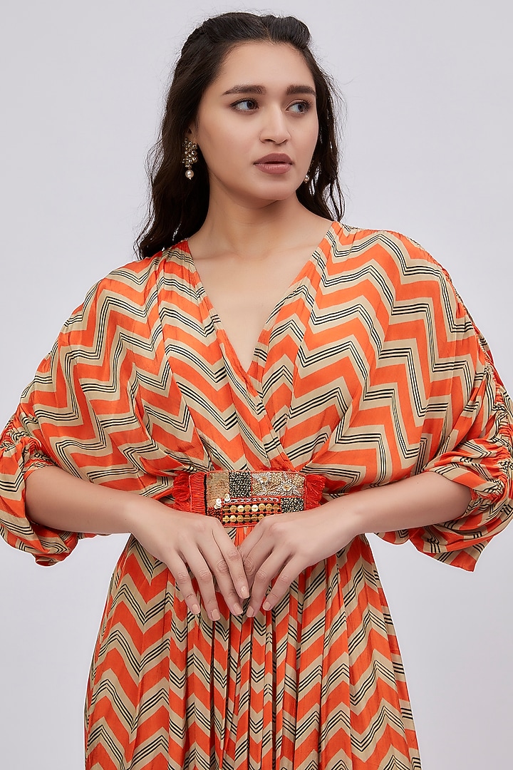 Orange Crepe Printed Kaftan by Lavina Sippy at Pernia's Pop Up Shop