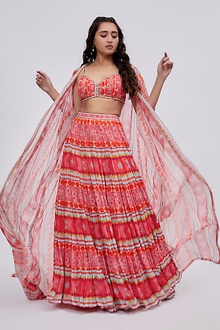 Orange Dupion Silk Printed Lehenga Set by Lavina Sippy
