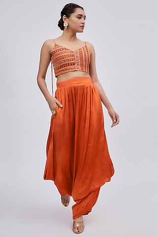 Orange Satin Dhoti Set by Lavina Sippy