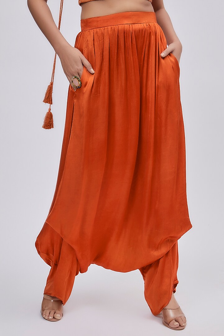 Orange Satin Dhoti Set by Lavina Sippy at Pernia's Pop Up Shop