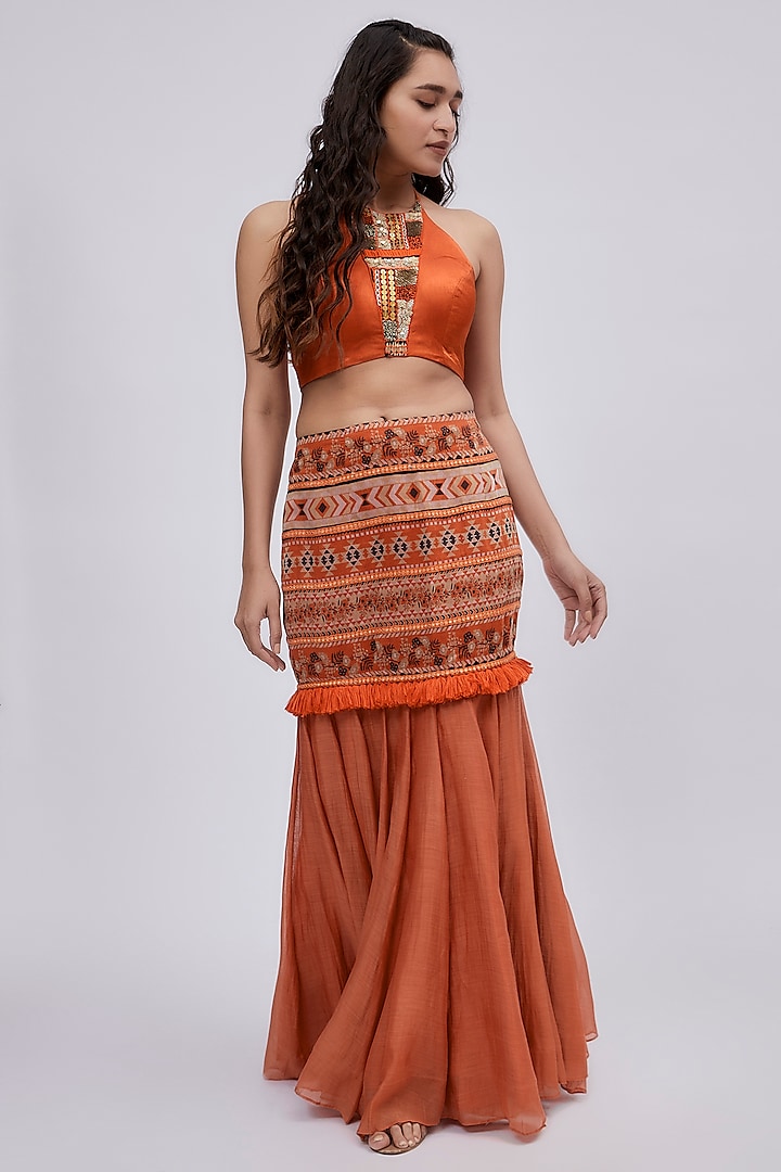 Orange Chanderi Printed Fish-Cut Skirt Set by Lavina Sippy