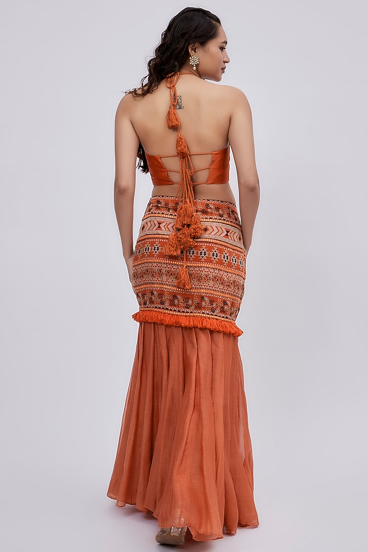 Orange Chanderi Printed Fish-Cut Skirt Set by Lavina Sippy at Pernia's Pop Up Shop