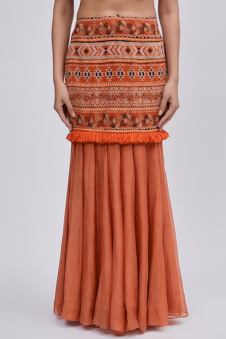 Orange Chanderi Printed Fish-Cut Skirt Set by Lavina Sippy at Pernia's Pop Up Shop