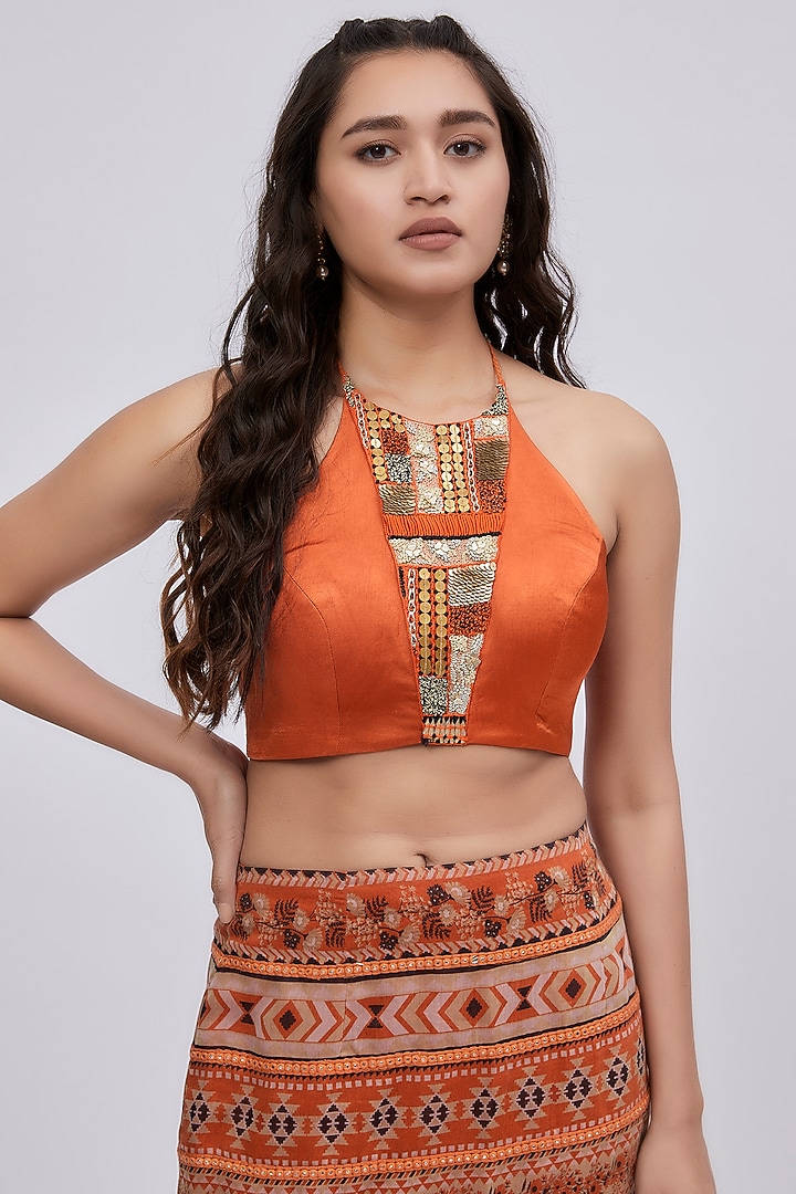 Orange Chanderi Printed Fish-Cut Skirt Set by Lavina Sippy at Pernia's Pop Up Shop
