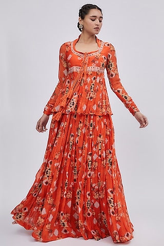Orange Chanderi Printed Lehenga Set by Lavina Sippy