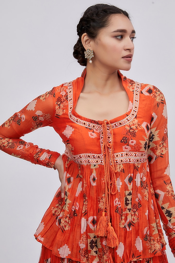 Orange Chanderi Printed Wedding Lehenga Set by Lavina Sippy at Pernia's Pop Up Shop