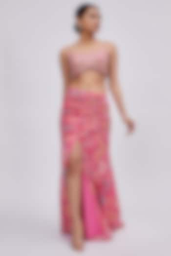 Pink Georgette Printed Draped Skirt Set by Lavina Sippy