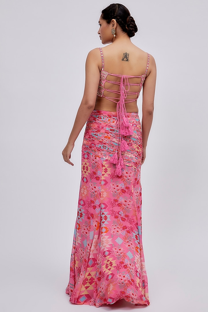 Pink Georgette Printed Draped Skirt Set by Lavina Sippy at Pernia's Pop Up Shop
