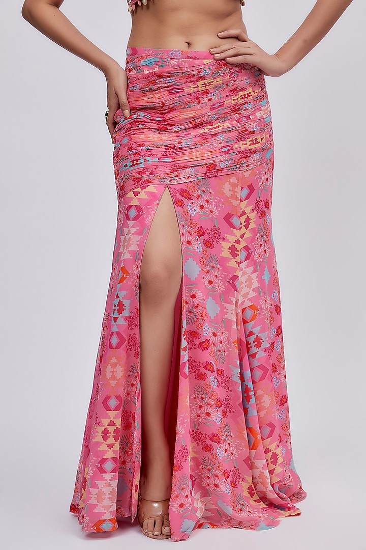 Pink Georgette Printed Draped Skirt Set by Lavina Sippy at Pernia's Pop Up Shop