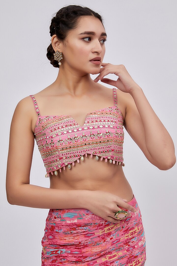 Pink Georgette Printed Draped Skirt Set by Lavina Sippy at Pernia's Pop Up Shop