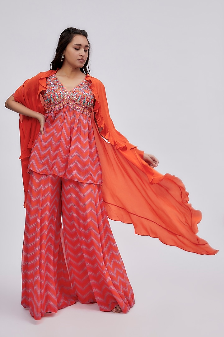 Coral Georgette Printed Sharara Set by Lavina Sippy