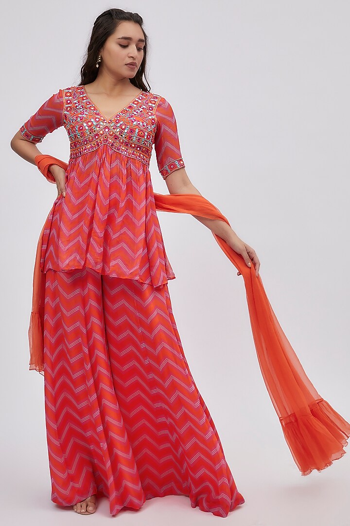 Coral Georgette Printed Wedding Sharara Set by Lavina Sippy at Pernia's Pop Up Shop