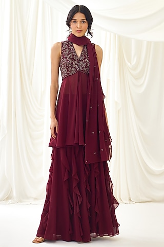 Burgundy Georgette Ruffled Sharara Set by Lavanya Ahuja