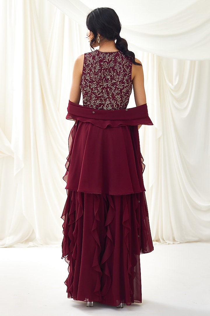 Burgundy Georgette Ruffled Wedding Sharara Set by Lavanya Ahuja at Pernia's Pop Up Shop