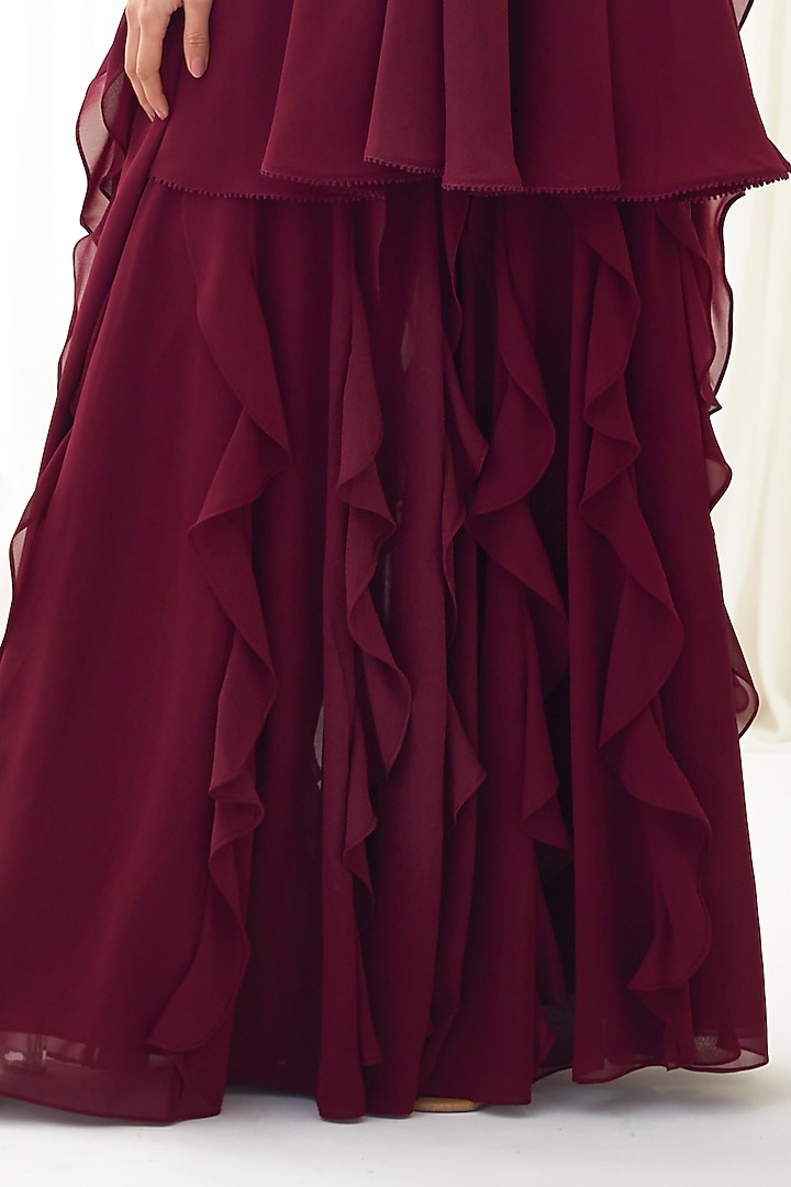 Burgundy Georgette Ruffled Wedding Sharara Set by Lavanya Ahuja at Pernia's Pop Up Shop