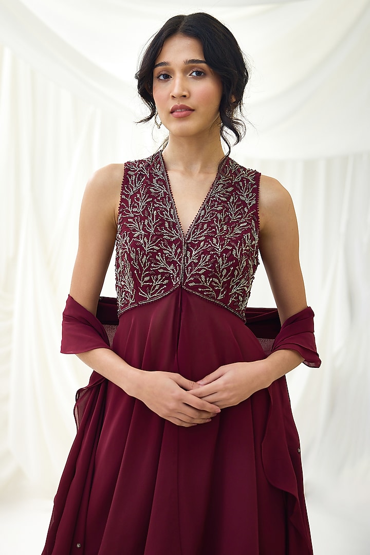 Burgundy Georgette Ruffled Wedding Sharara Set by Lavanya Ahuja at Pernia's Pop Up Shop