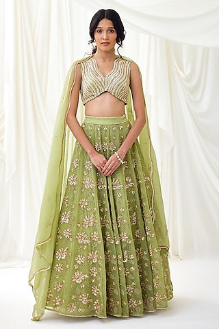 Green Organza & Net Lehenga Set by Lavanya Ahuja